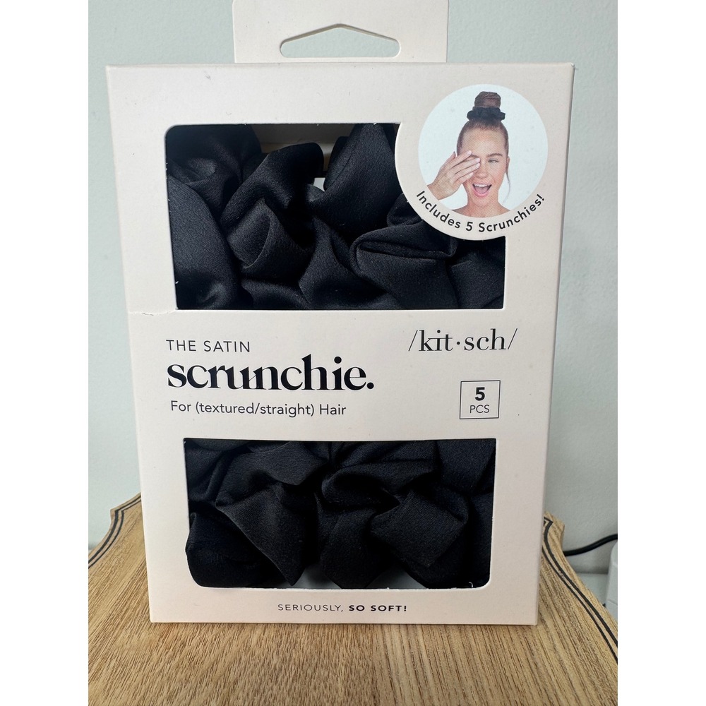 Kitsch Satin Scrunchie 5 Piece Set Black Hair Ties Creaseless Soft Accessory